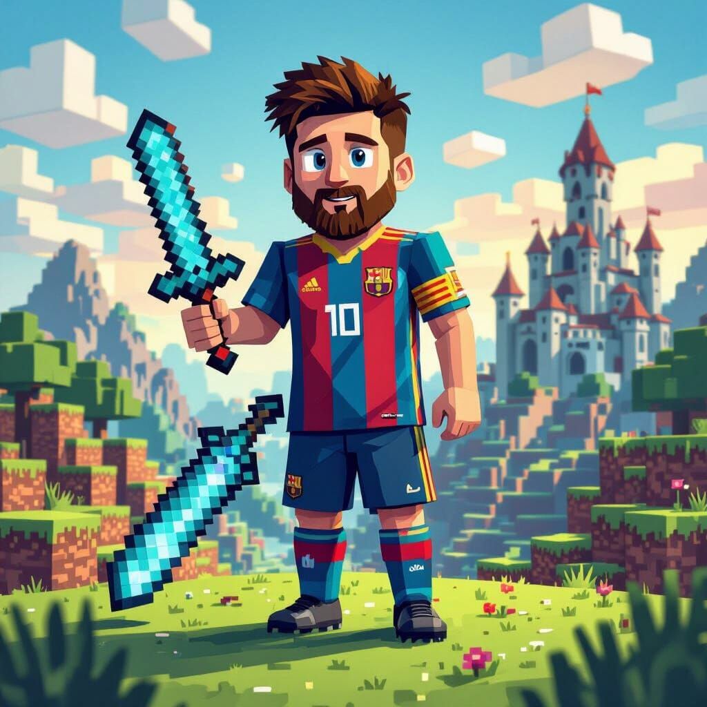 Messi in Minecraft Landscape as 8-bit Art