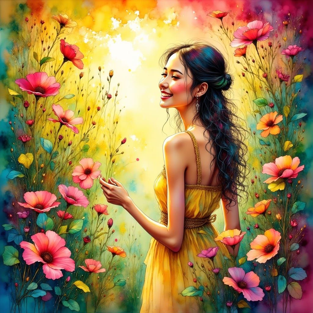 Whimsical Woman in Sunny Garden