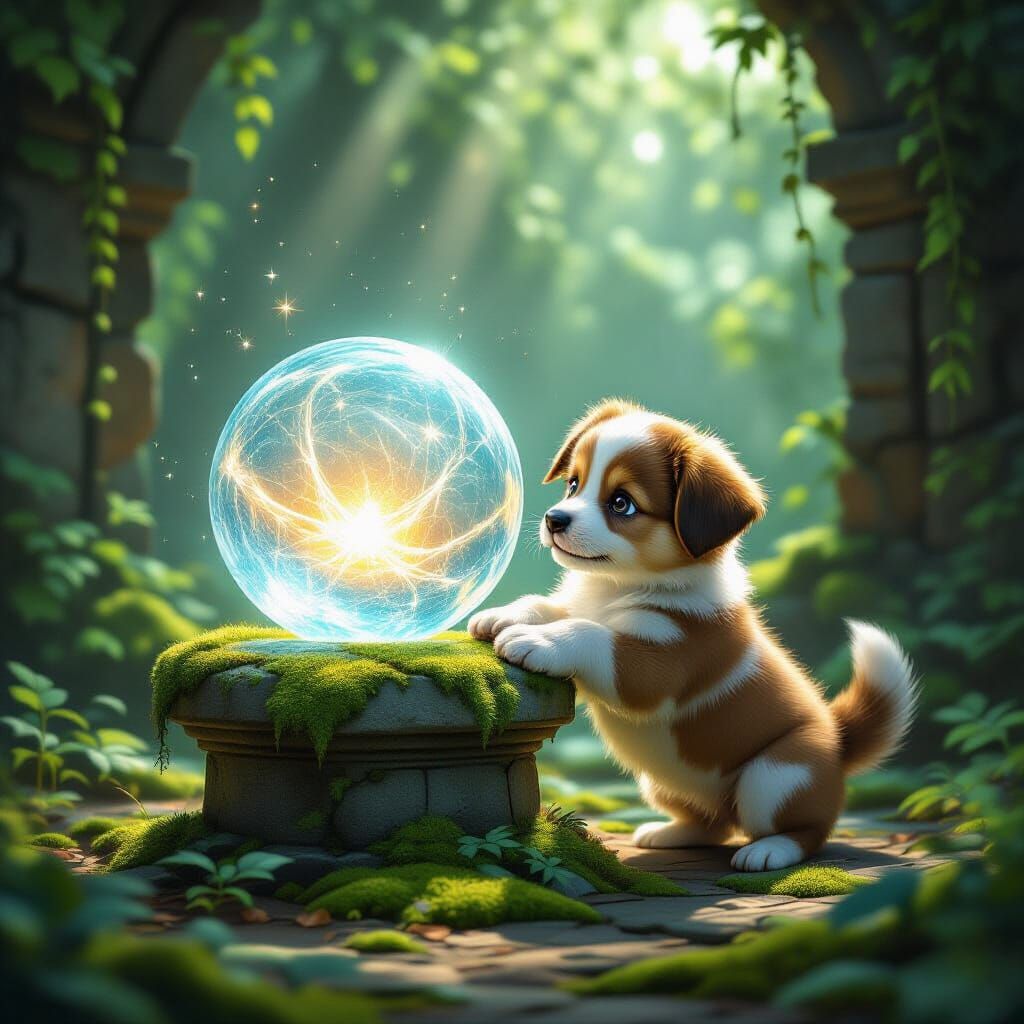 Puppy Discovers Glowing Orb in Ancient Ruins
