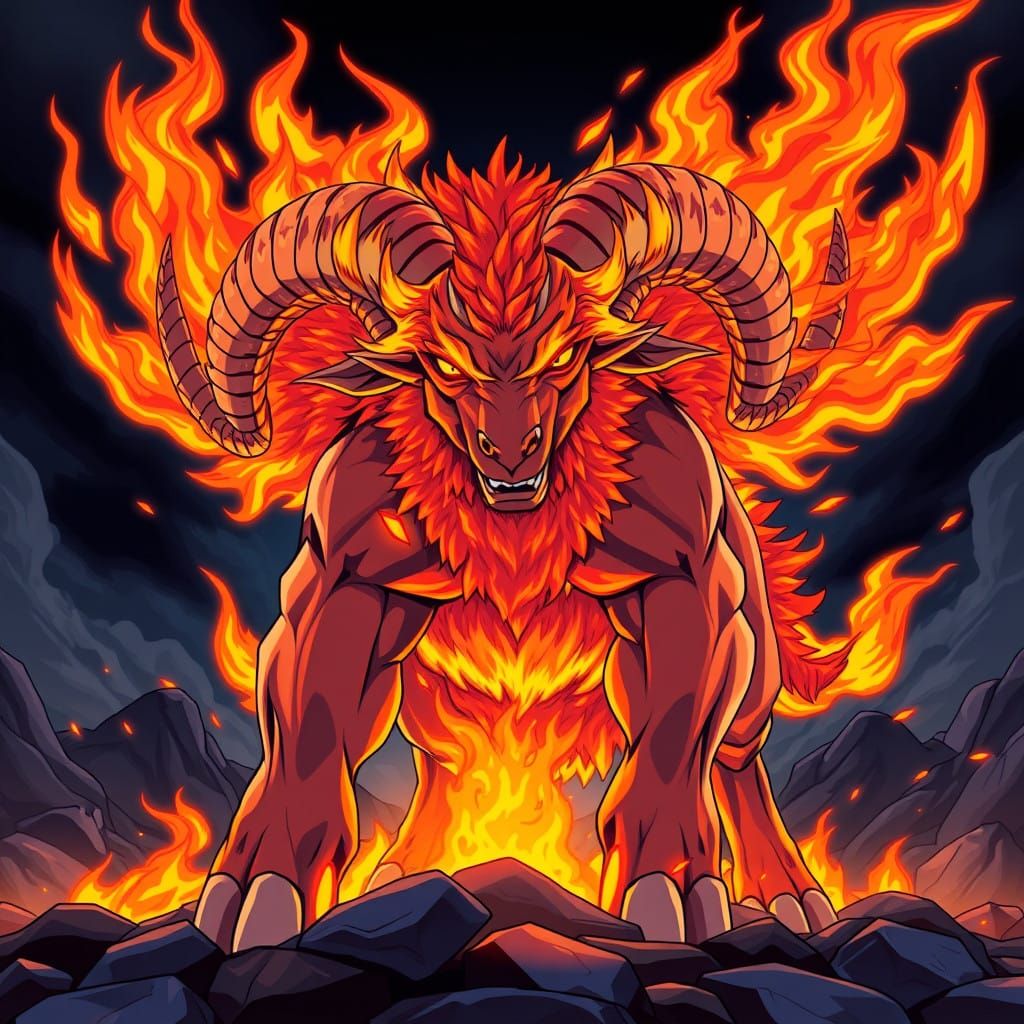 Anime-Inspired Fiery Sheep Beast in Dynamic Battle Scene
