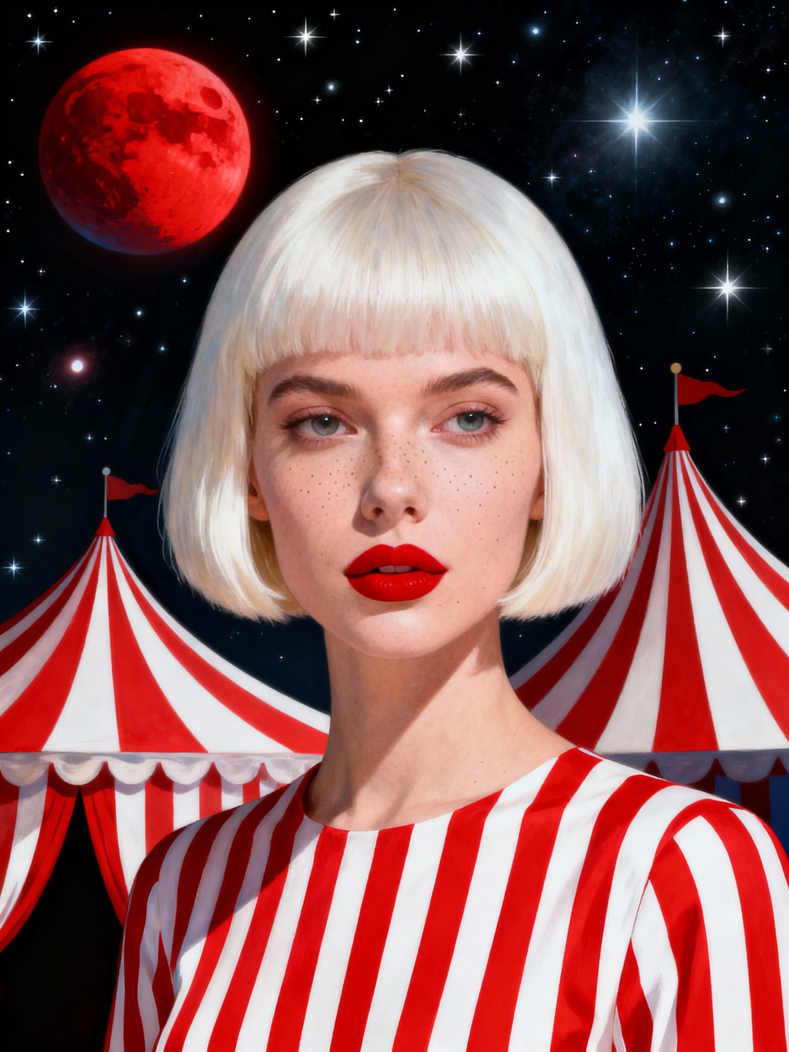 Woman in Striped Outfit Under Cosmic Sky