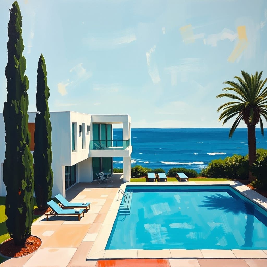 Abstract Modern House Near Ocean as Oil Painting