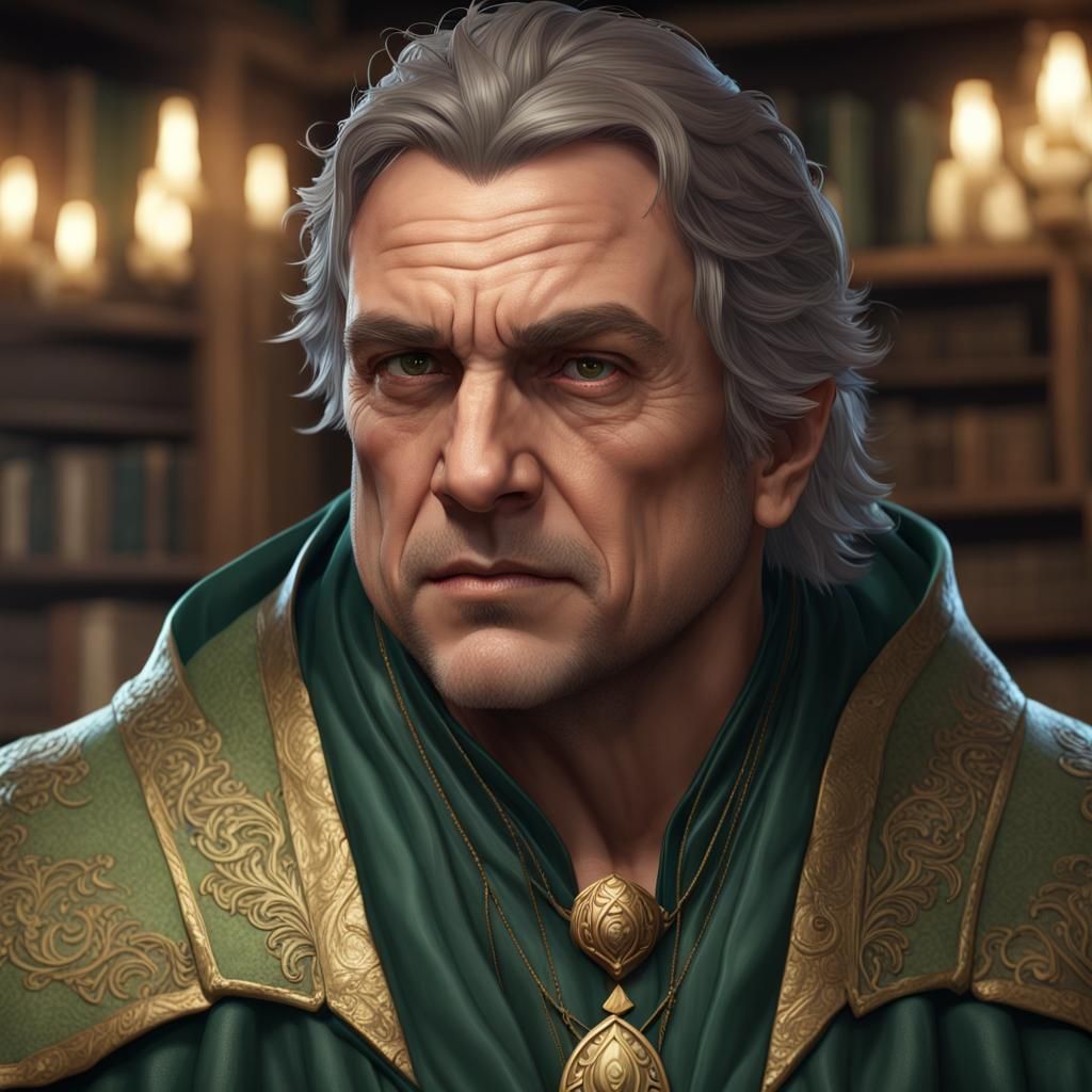 Fantasy Mage in Library, Detailed Digital Portrait