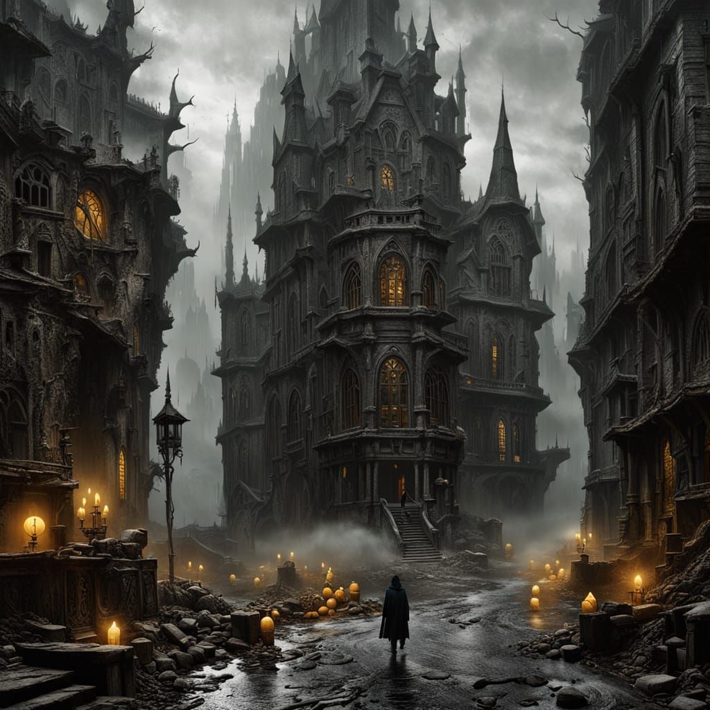 Man in Dark Fantasy Setting Stares Down Zombie in Ruined Cit...