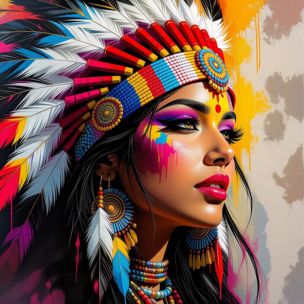 Indian Woman with Feather Headdress in 3D Graffiti Art