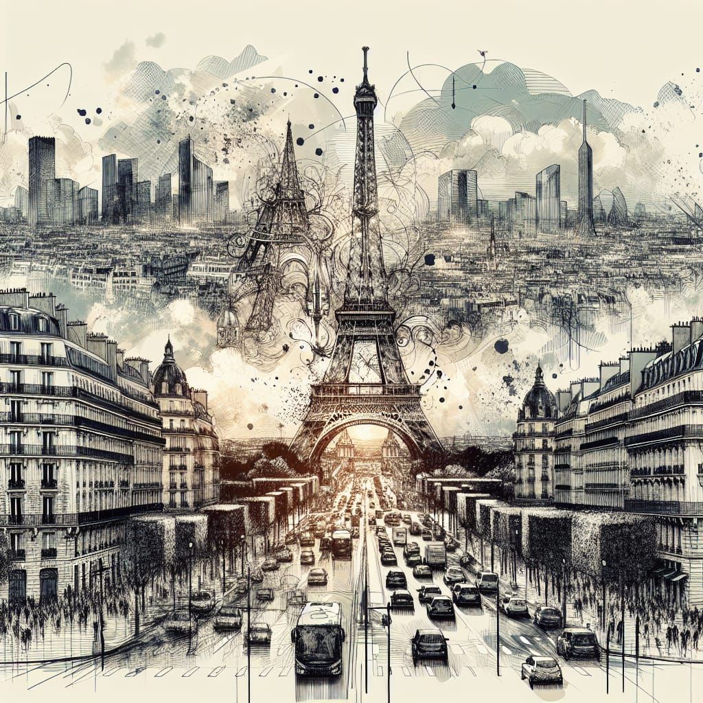 Paris Landmarks in Manhwa Style with Ink Splatter