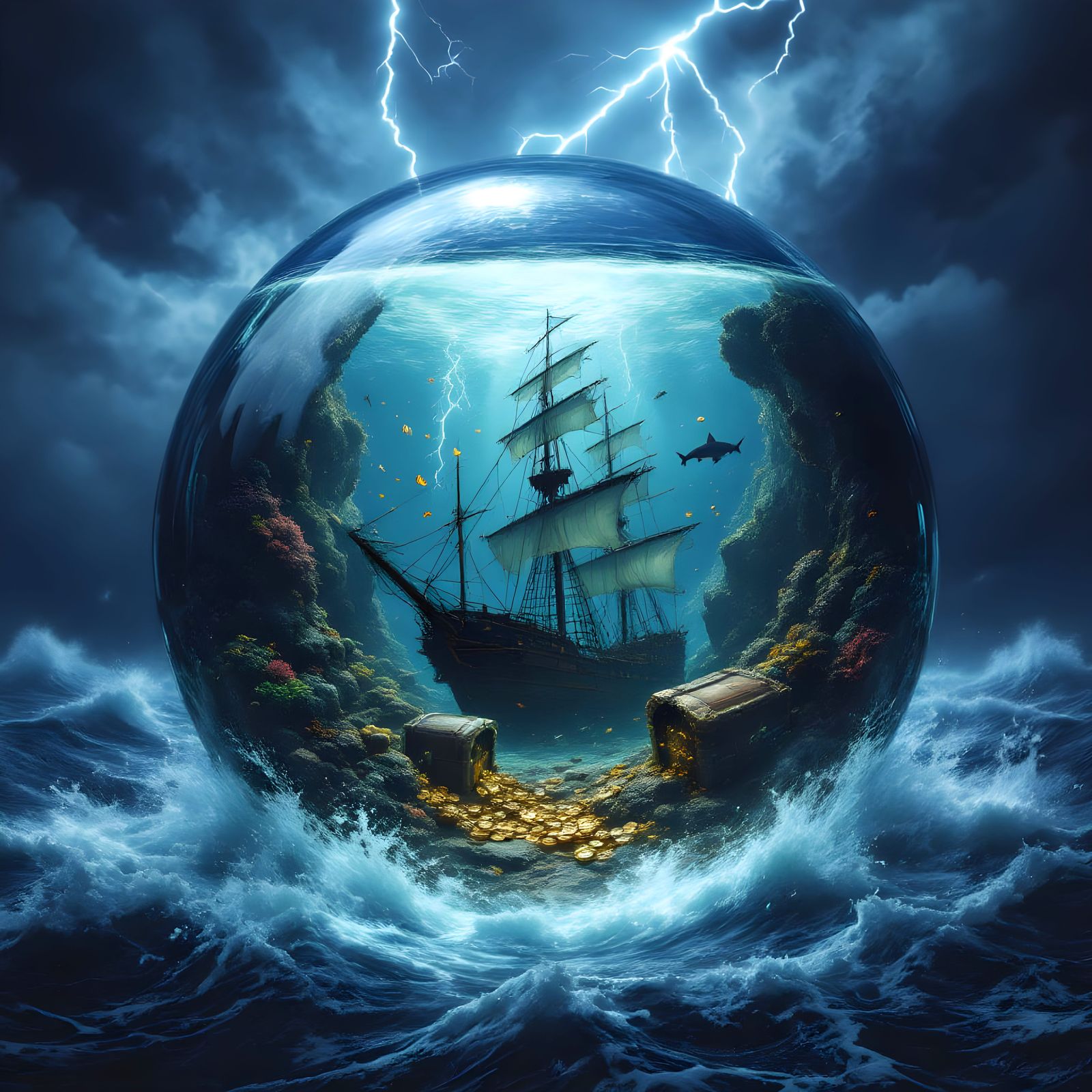 Water Sphere Reflects Sunken Ship Amidst Storm