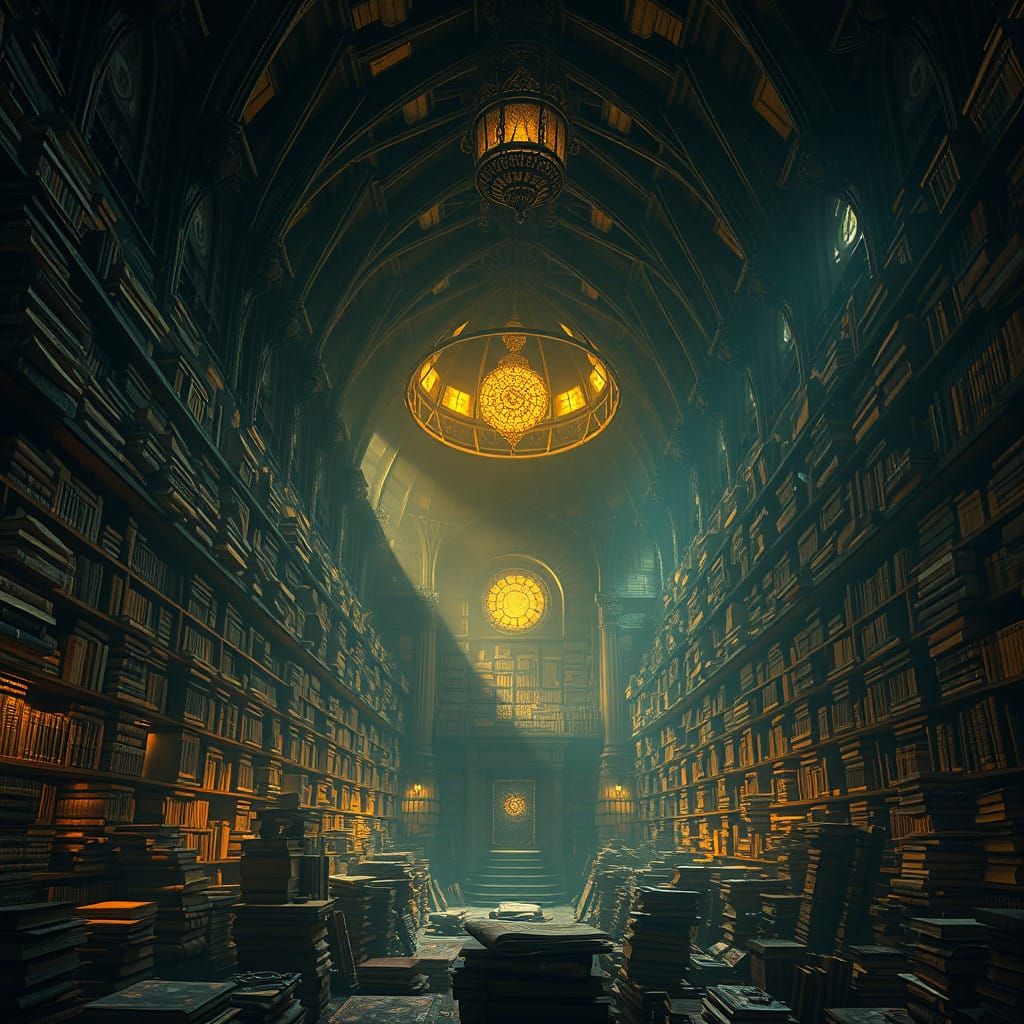 Vast Mystical Library with Forgotten Knowledge