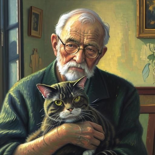Elderly Man and Cat in Impasto Painting