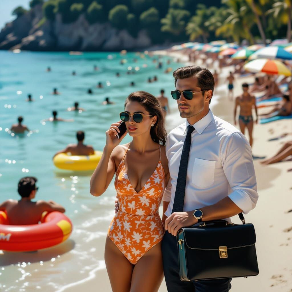 Business Meeting on Crowded Beach, Cinematic Film Still