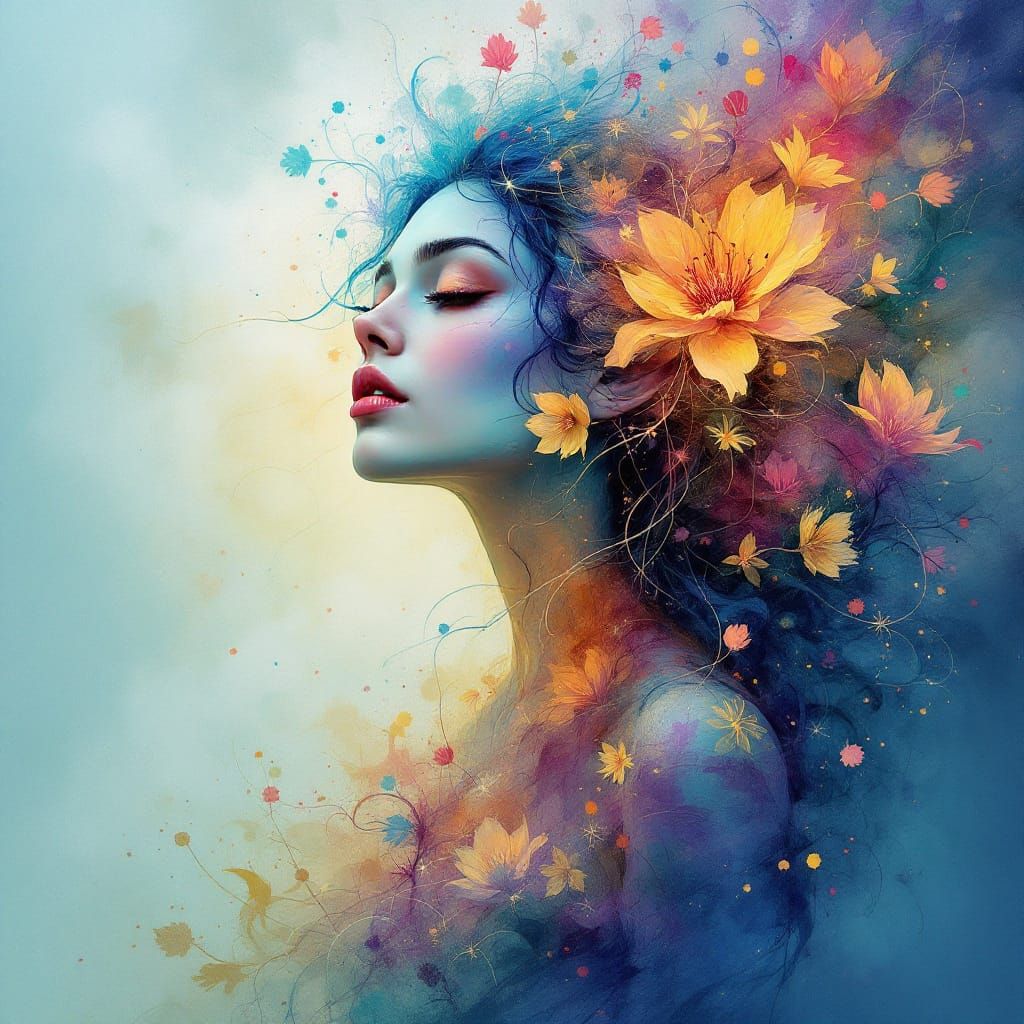 Ethereal Elf Woman Dissolving into Abstract Colors