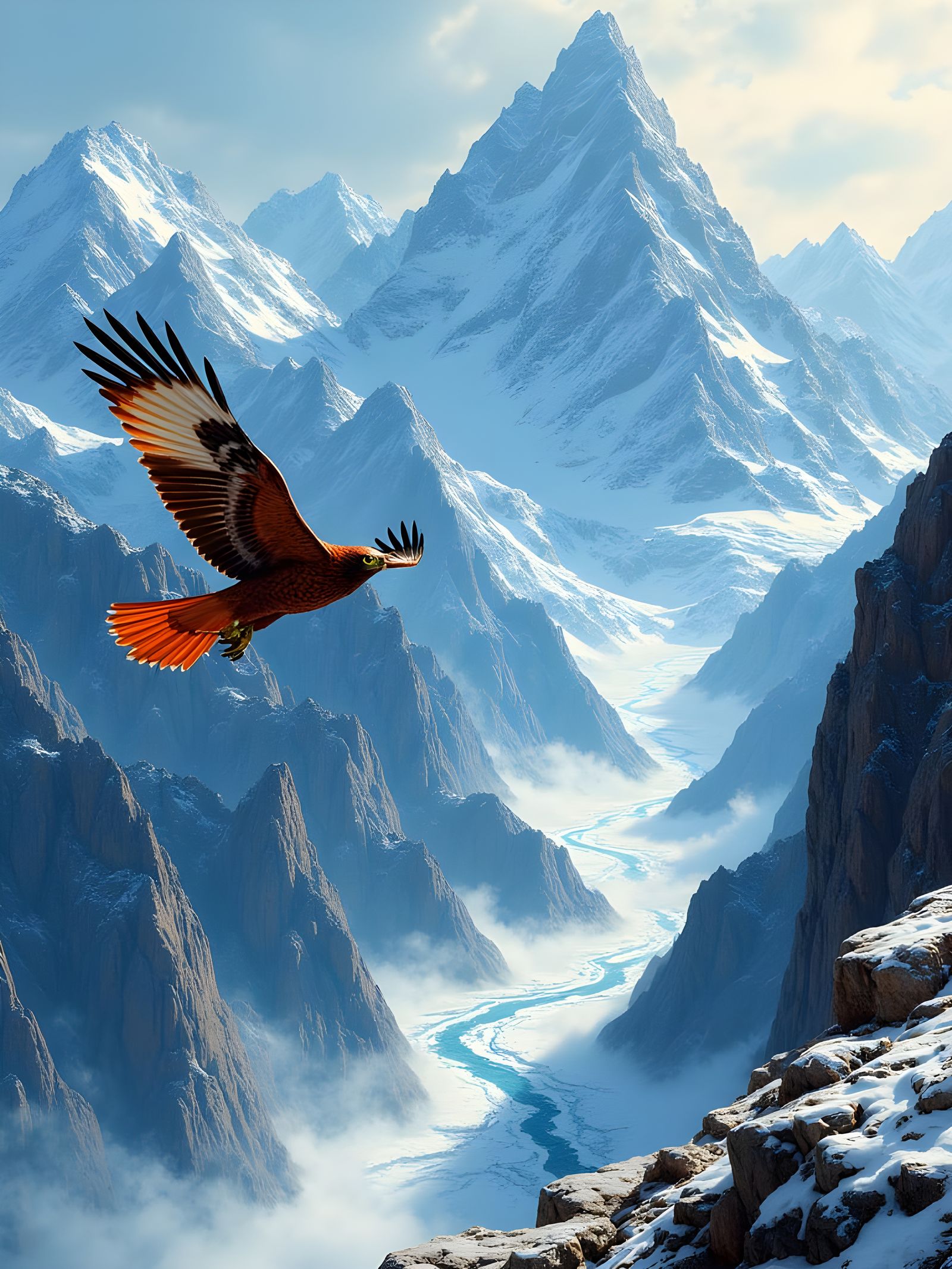 Red Tailed Hawk Soars Over Icy Mountains in Comic Style