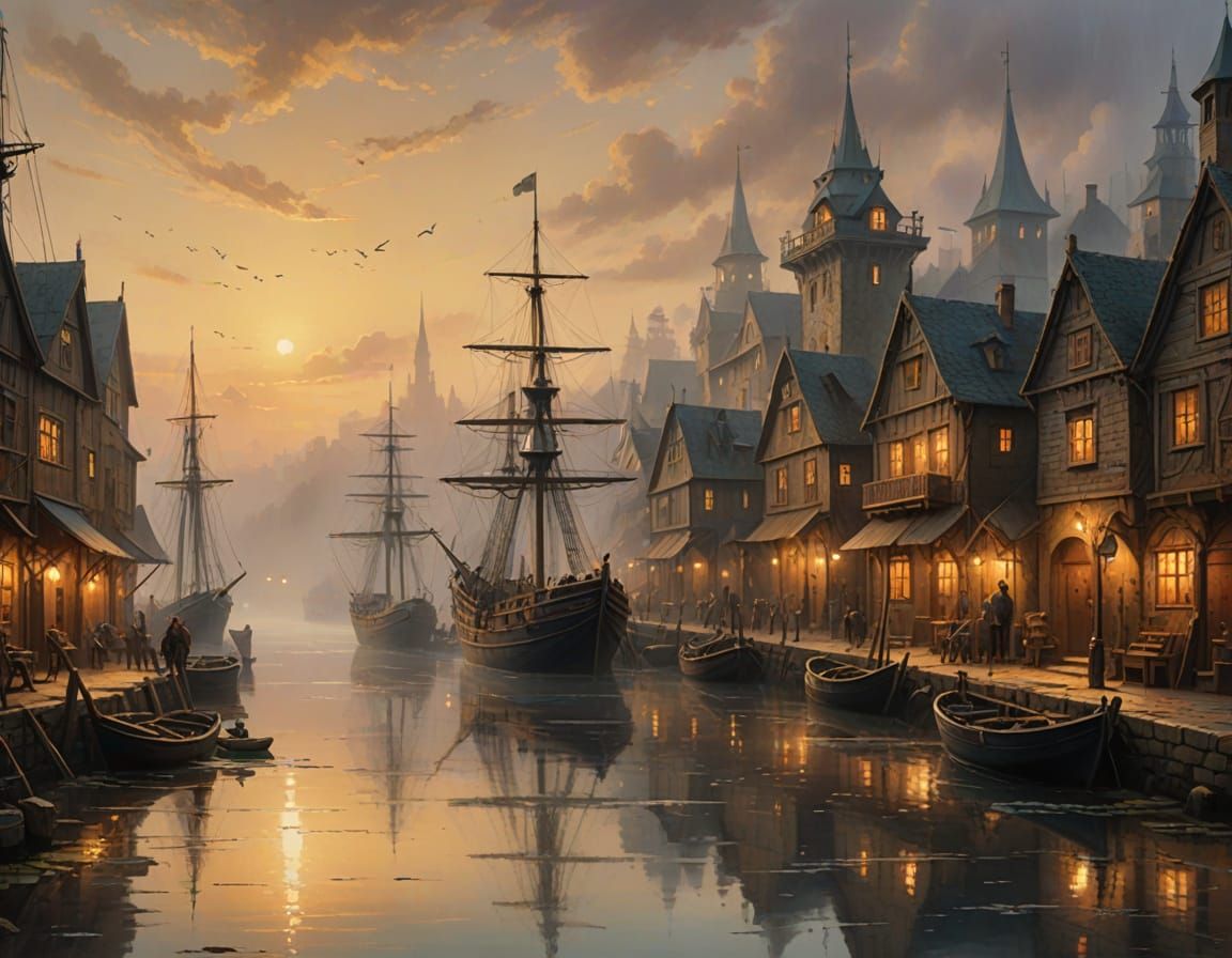 Vibrant Fantasy Port Scene in Golden Light
