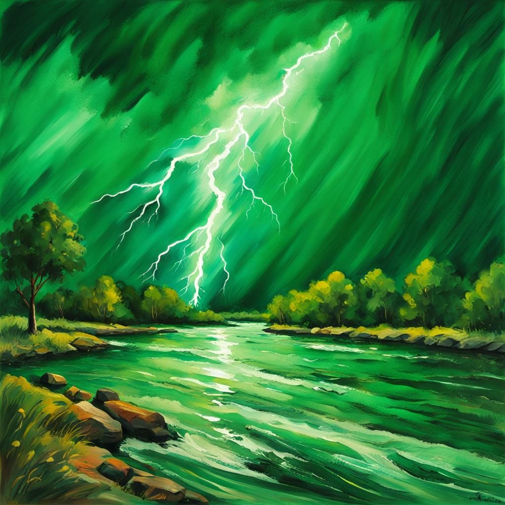 Dramatic Lightning Storm Over River in Gouache Style