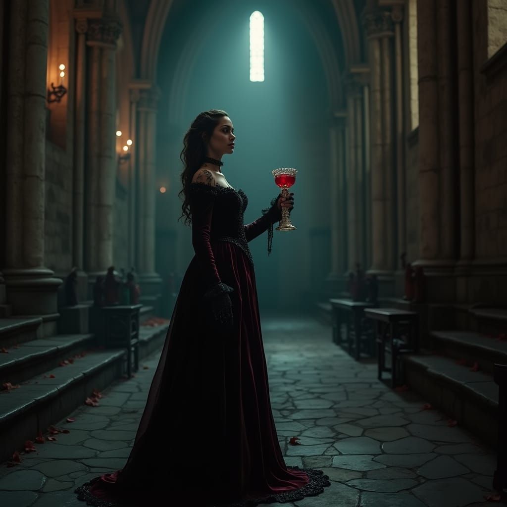 Gothic Vampire in Lavish Velvet Gown, Cinematic Film Still