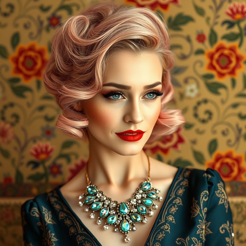 Glamorous Woman in Rose-Hued Hair, Exotic Backdrop