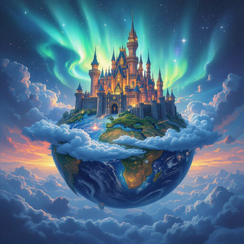 Earth as Castle on Upside-Down Atlas in Surreal Fantasy Styl...