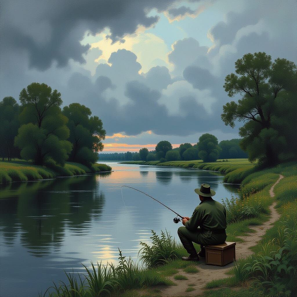 Angler in Landscape Inspired by Shishkin