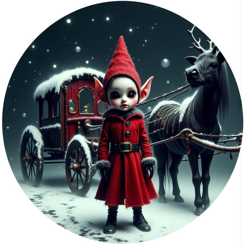 Gothic Elf and Steampunk Carriage in Christmas Night