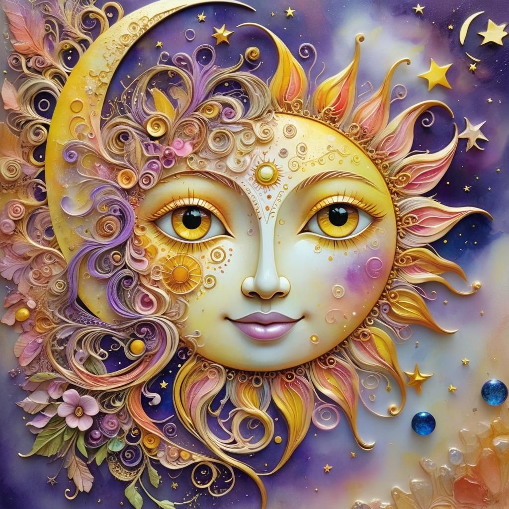 Happy Sun and Moon in Alcohol Ink Style