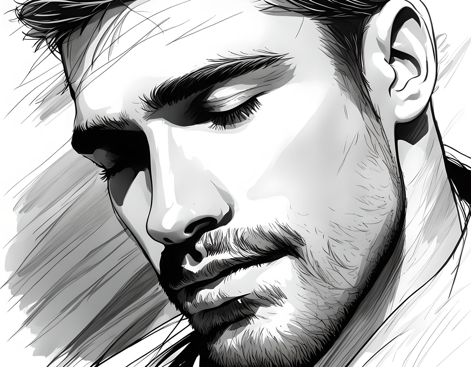 Handsome Man's Face in Simple Line Sketch