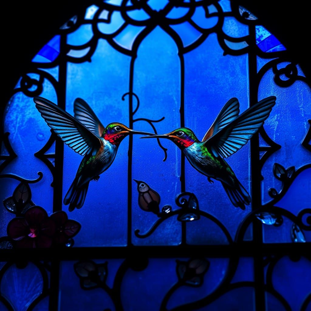 Hummingbirds in Blue Stained Glass Window