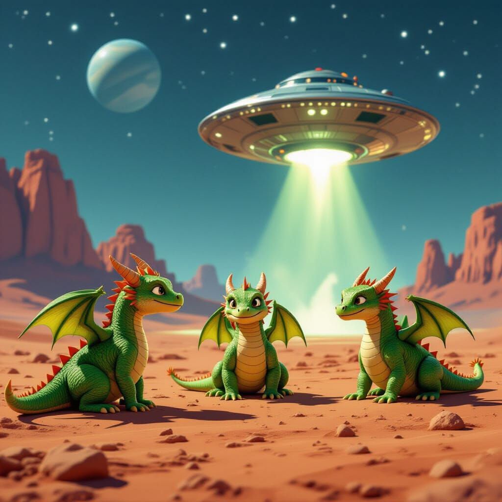 Green Dragons Exit Alien Spaceship