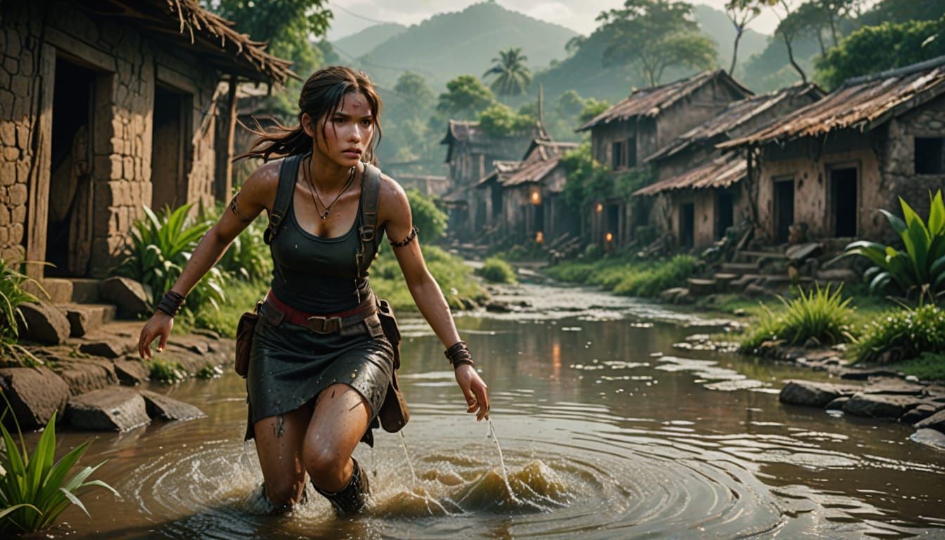 Tifa Lockhart Jumps with Cthulhu in Ruined Village