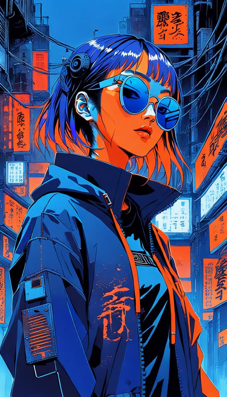 Cyberpunk Girl in Stormy, Neon-Lit Cityscape