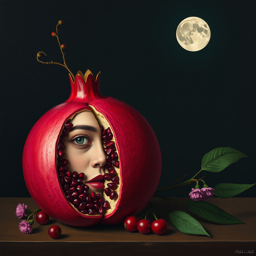 Minimalist Still Life: Split Pomegranate in Moonlight