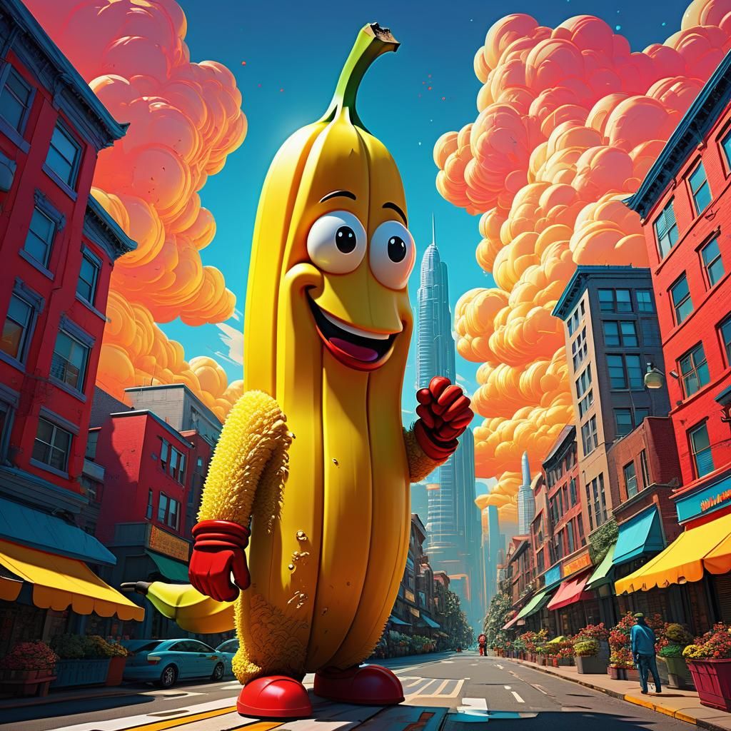 Smiling Banana in Comic Book Cityscape