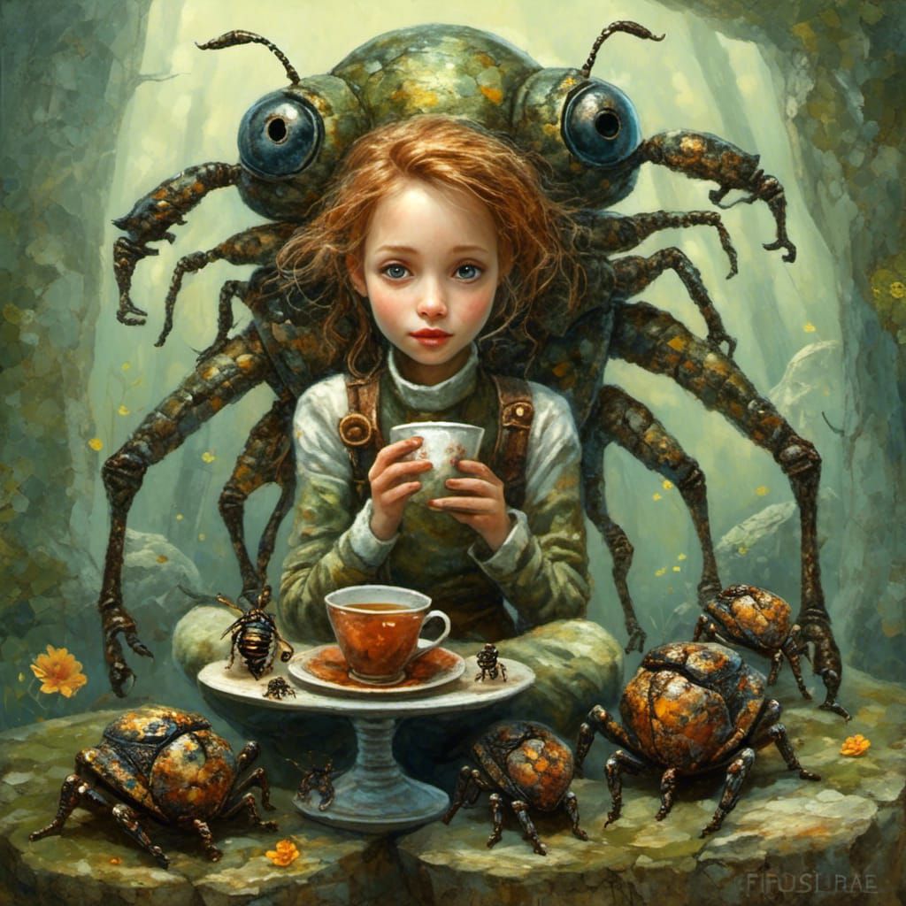 Astronaut's Tea Party with Alien Bugs in Pebble Art