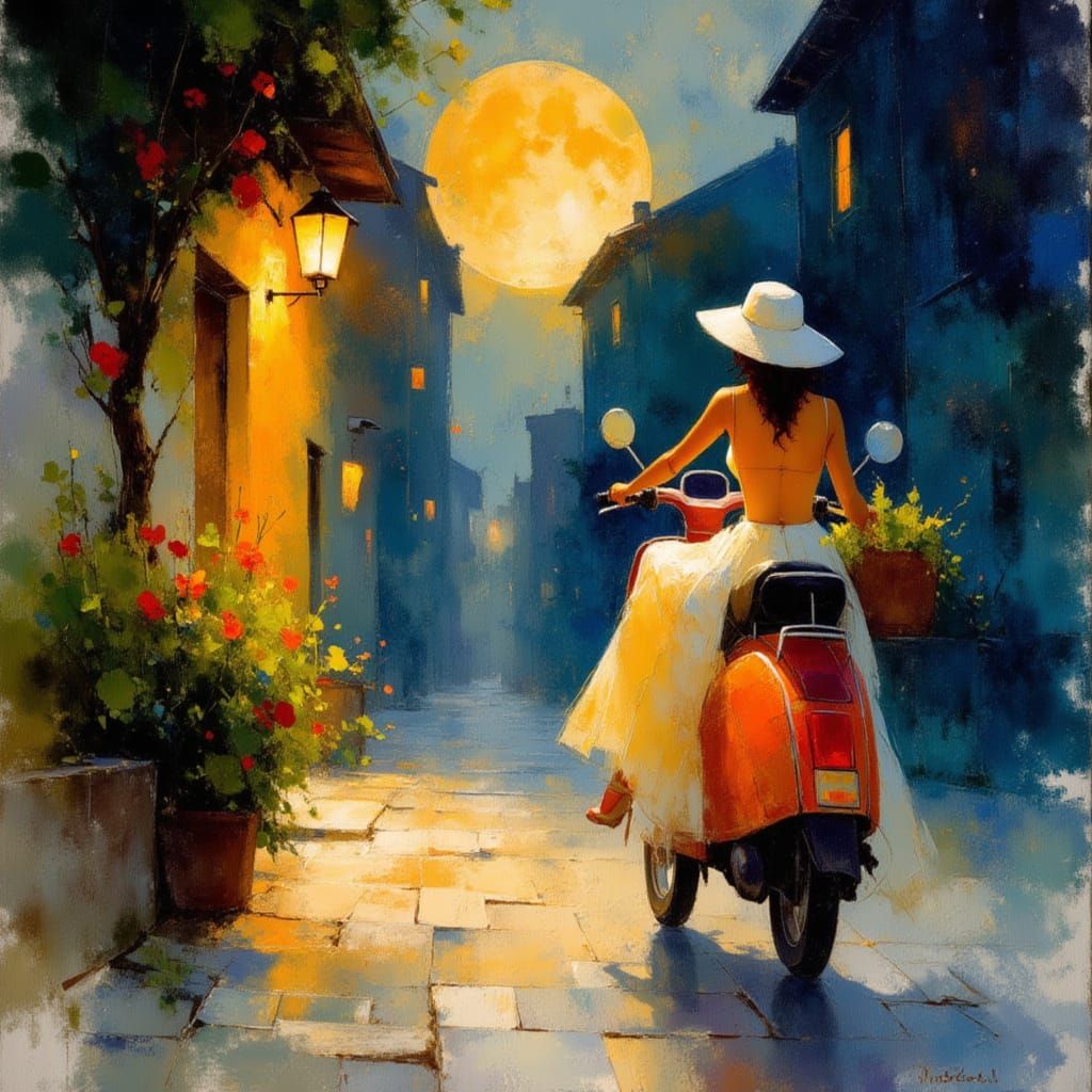 Woman Cruises Vespa Through Golden Italian Night