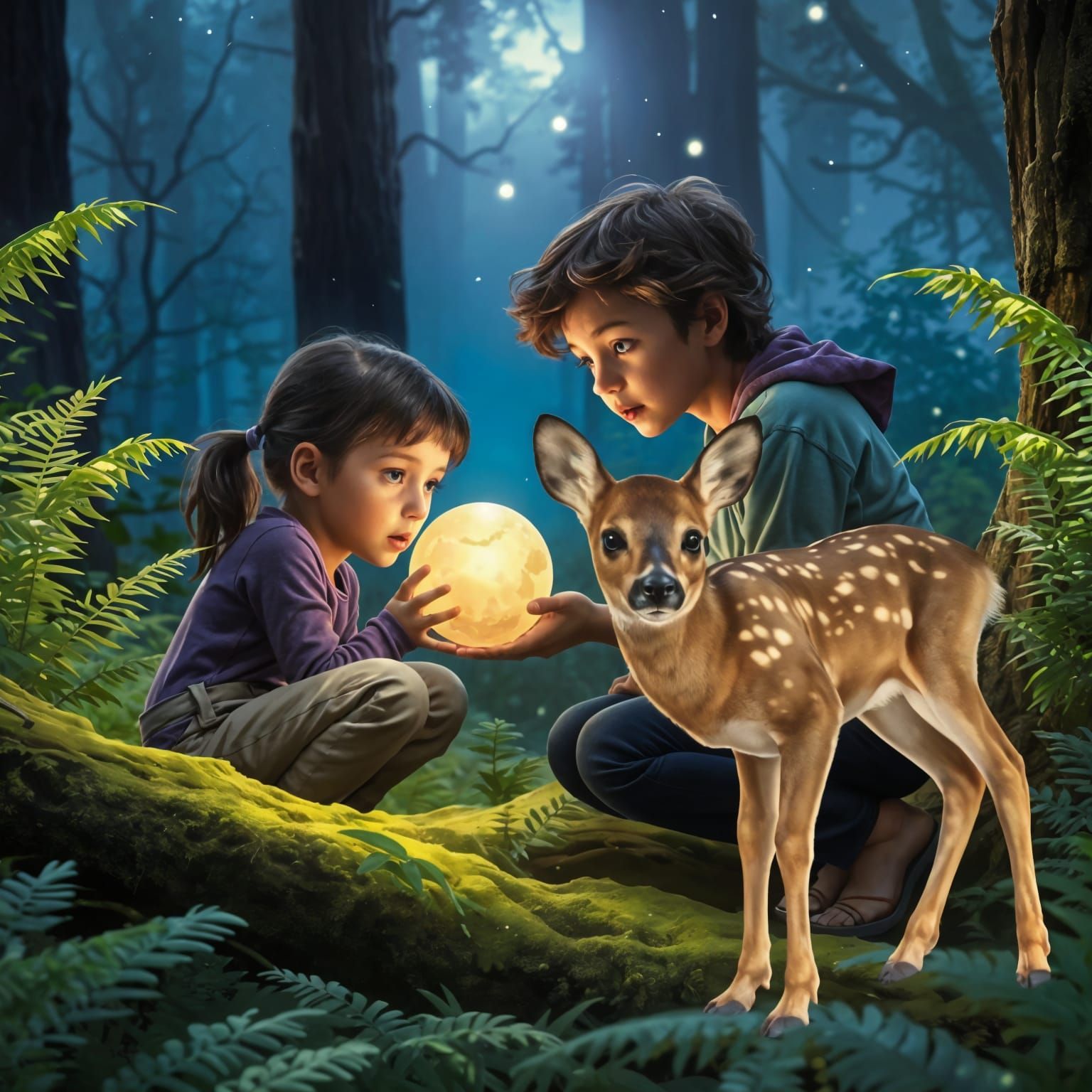 Children and Stag in Redwood Forest at Twilight