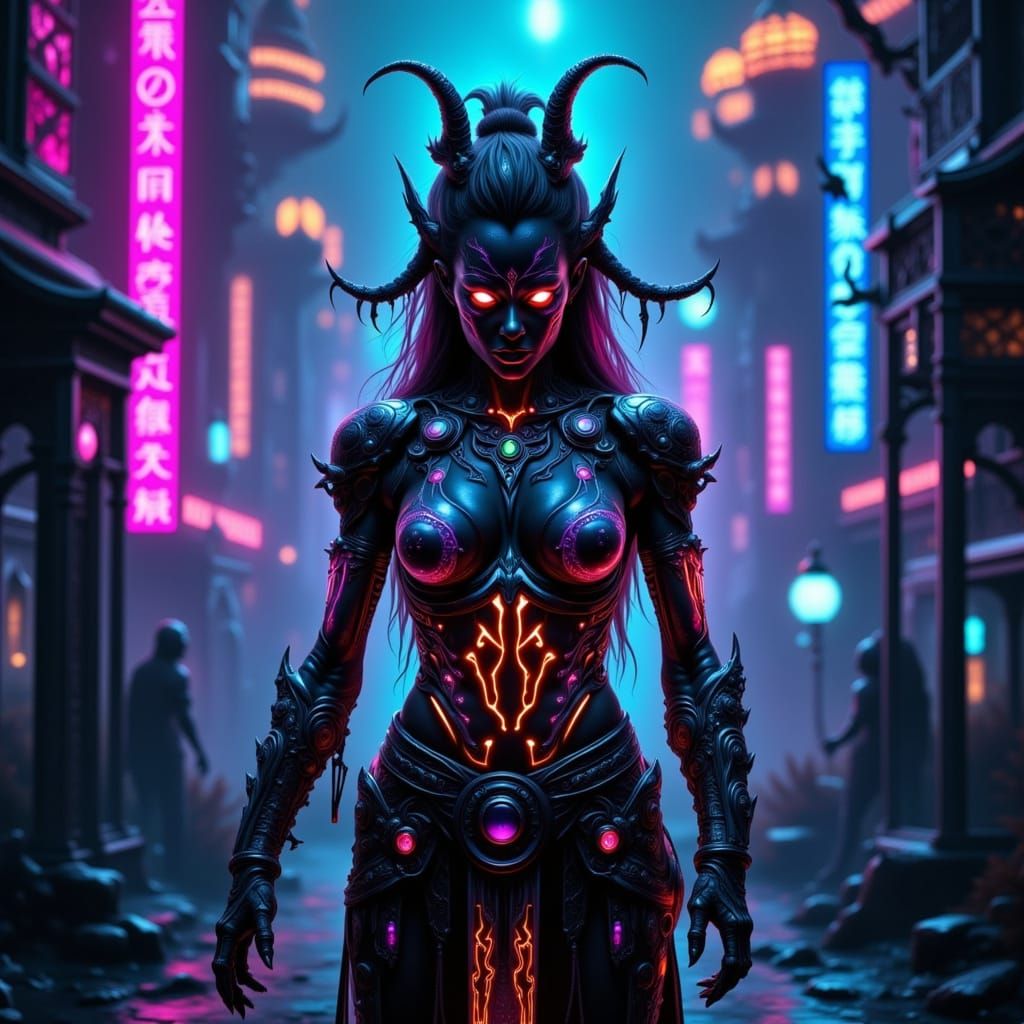 Cyborg Warrior in Neon Cyberpunk City