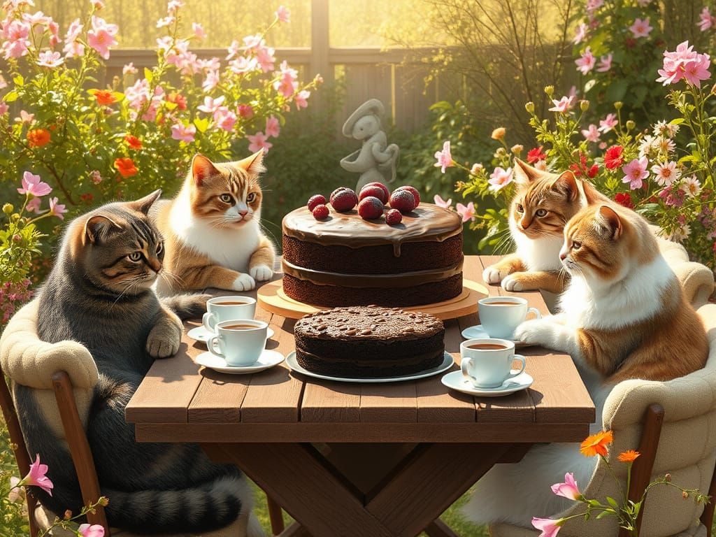 Cats' Dinner Party in Lush Garden, Whimsical Illustration