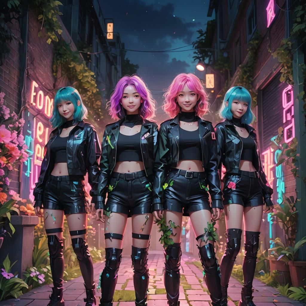 Smiling People in Lush Garden: Vibrant Digital Art