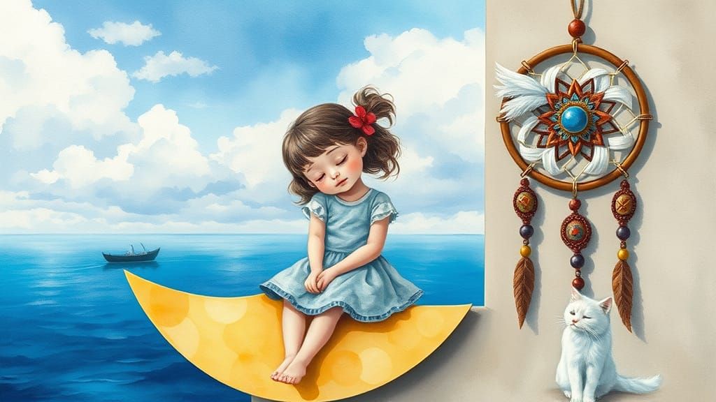 Girl on Moon with Cat in Watercolor Impasto Style