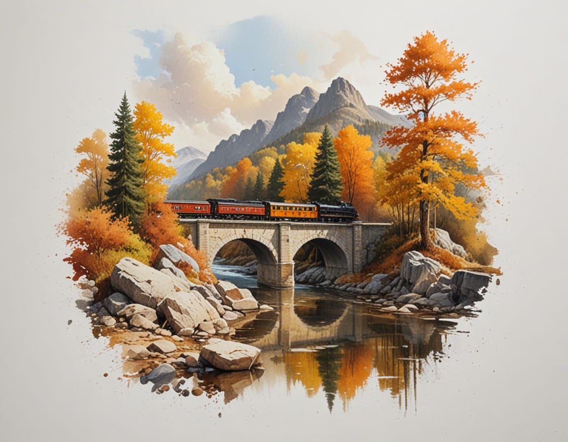Autumn Train Journey Over Stone Bridge