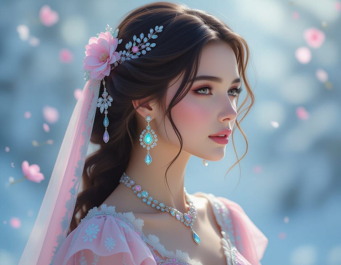 Beautiful Woman in Luminous Clothes and Iridescent Jewelry