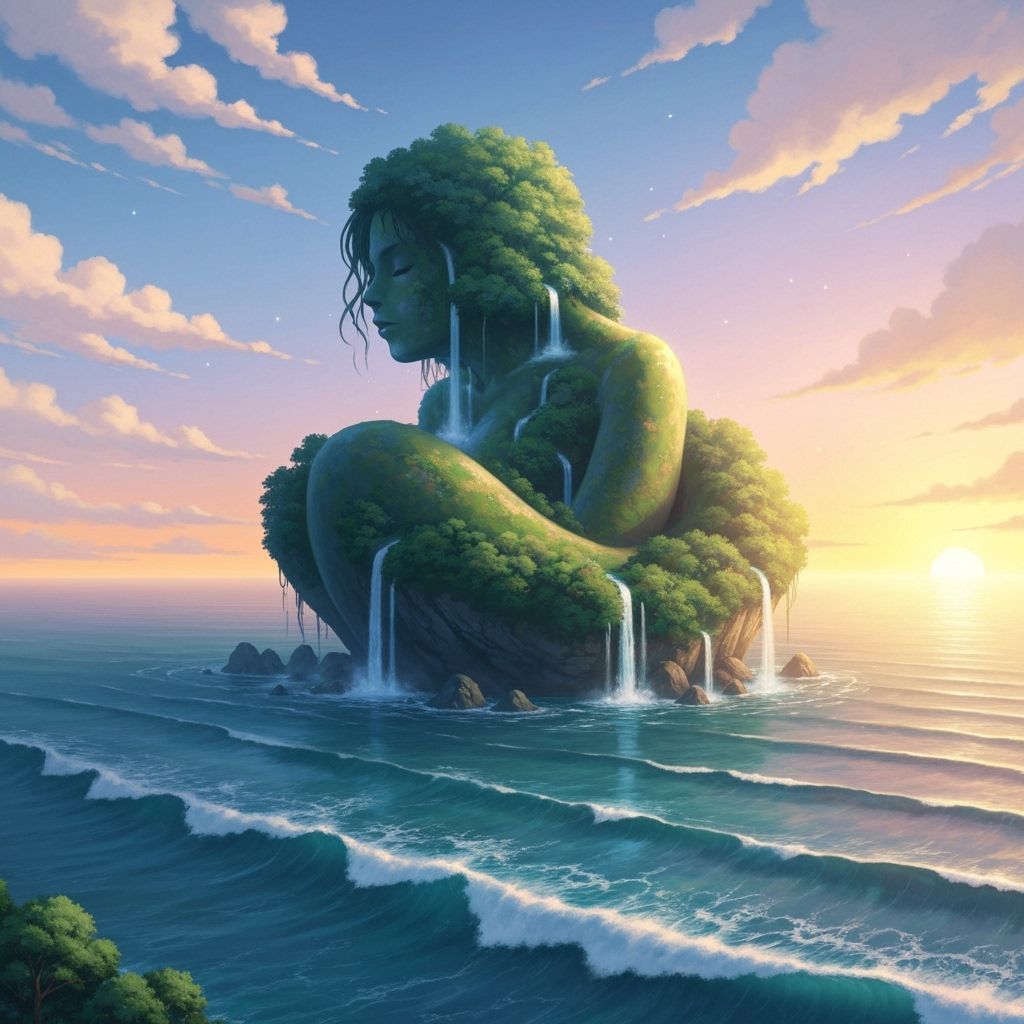 Studio Ghibli Style Island Shaped Like Woman