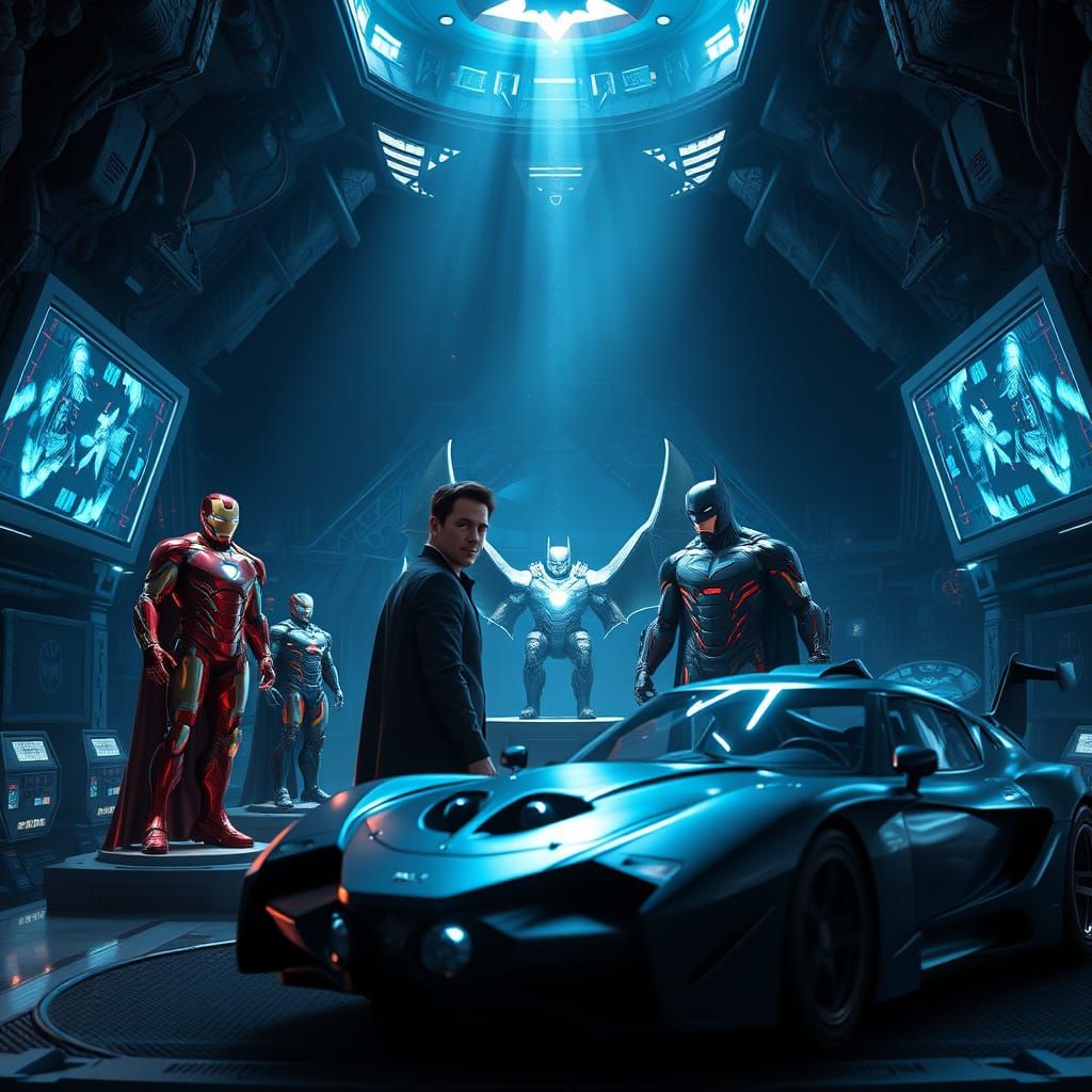 Batman and Iron Man Unite in the Batcave, a Cyberpunk Paradi...