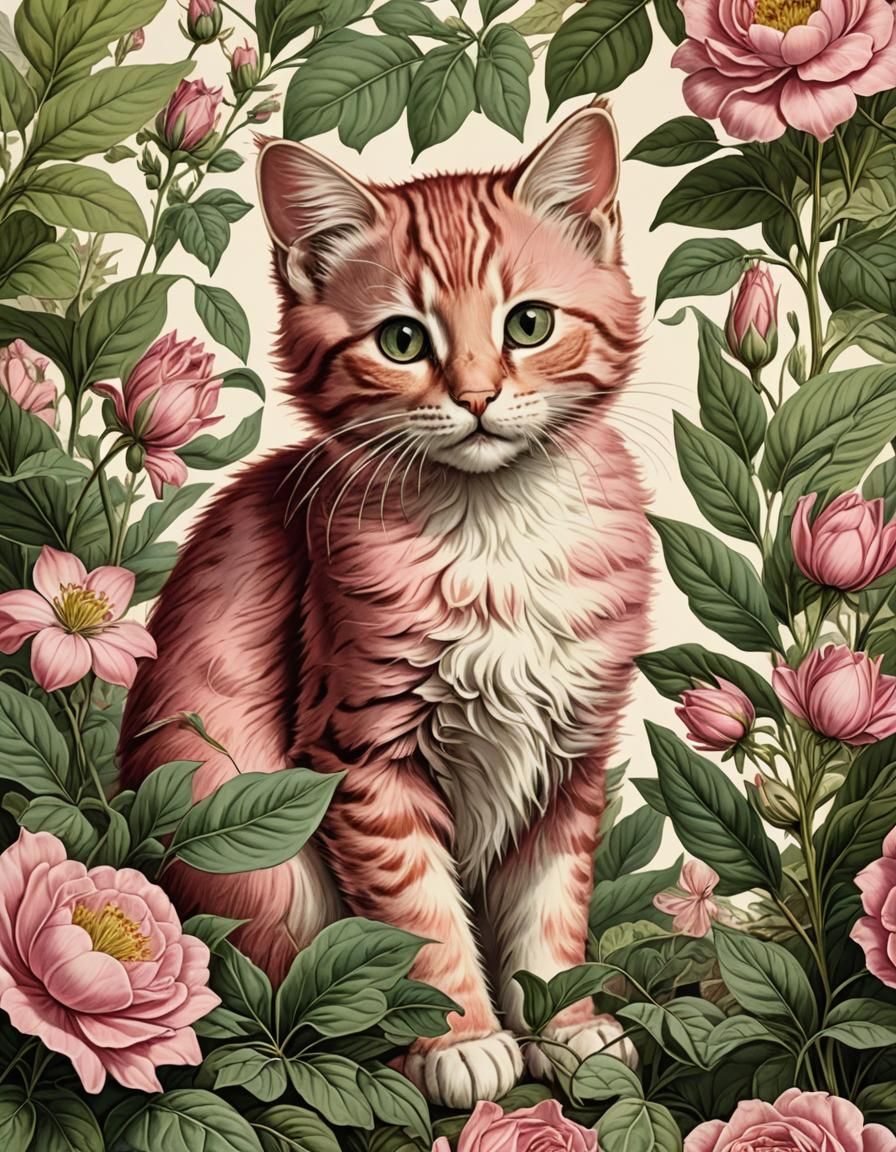 Pink Kitten in Victorian Botanical Art Style