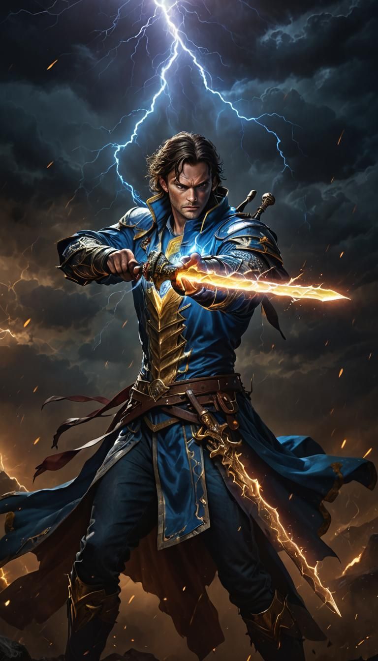 Genesis Valentine with Blue Lightning Sword, Digital Art