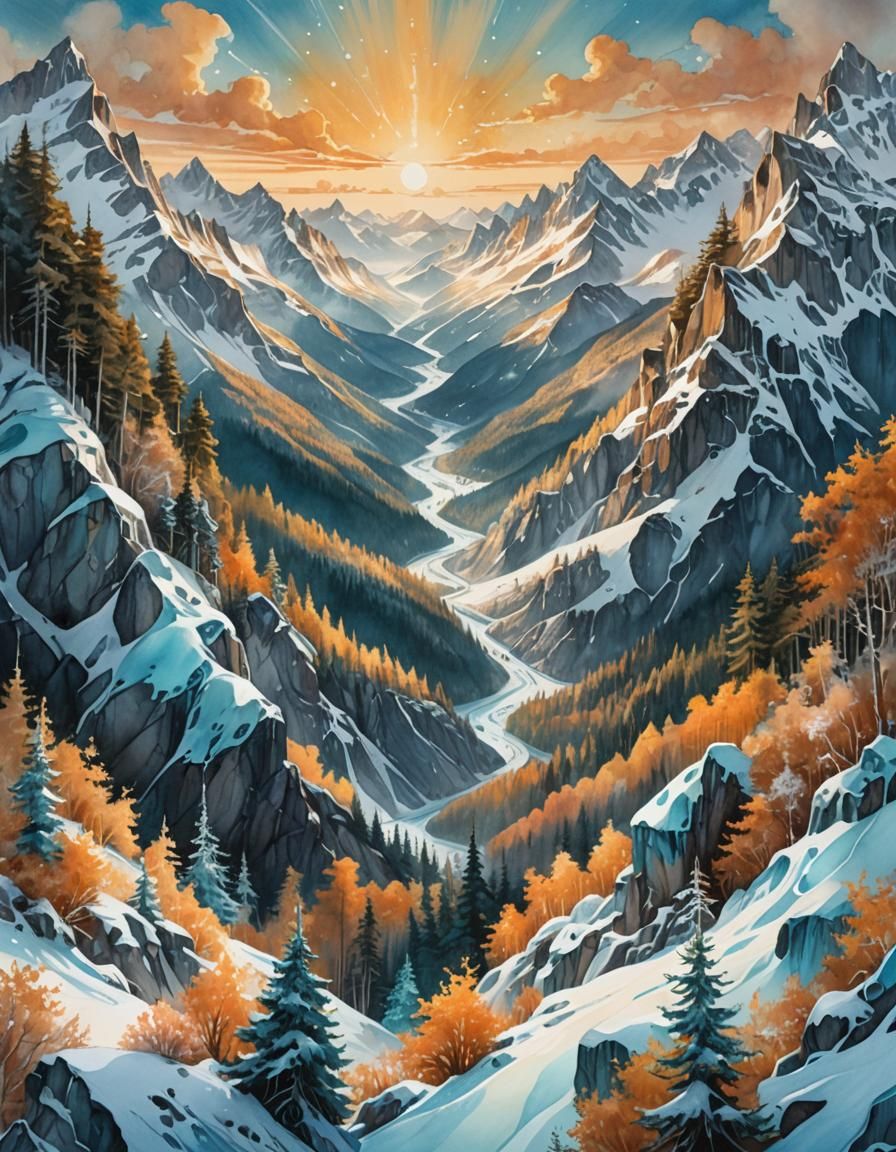 Surreal Watercolor Landscape with Mountain Top View