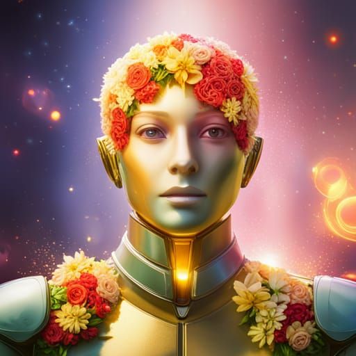 Robot Head with Flowers in Expressionist Style