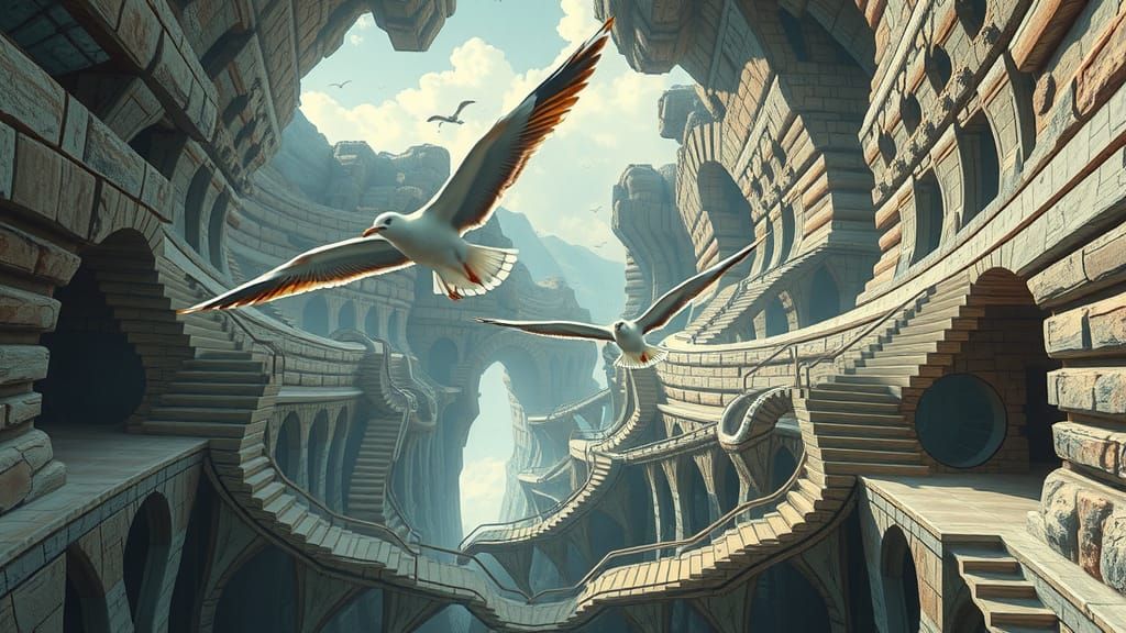 Iridescent Seagulls Soaring Through Warped Canyon