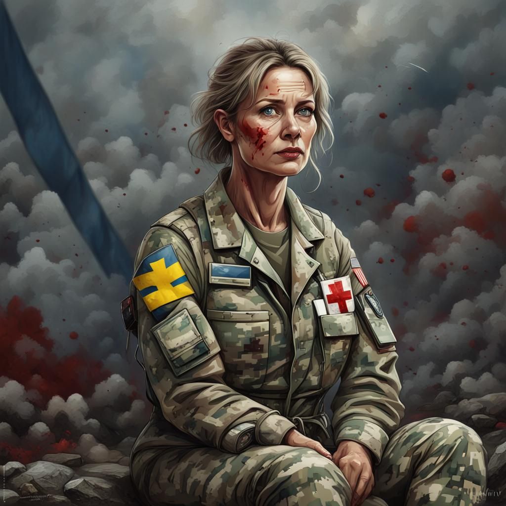 Tired Military Medic in War Hospital, Digital Art