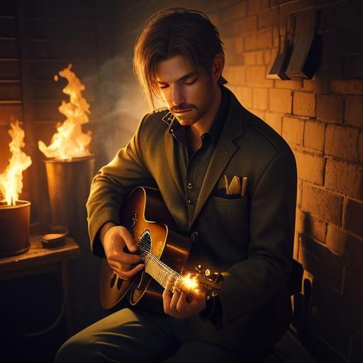 Harmonica Player in Dugout: Hyperrealistic Splash Art