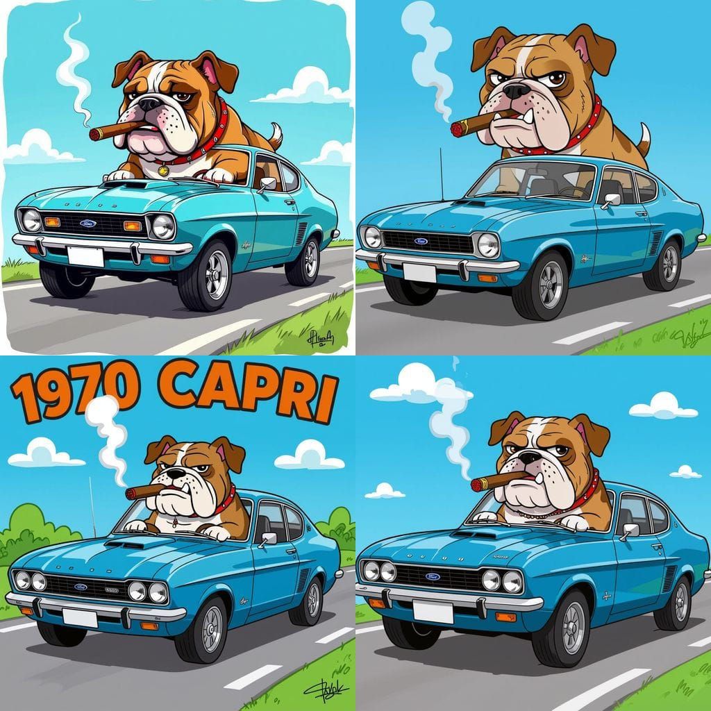 Cartoon Bulldog Driving a Ford Capri